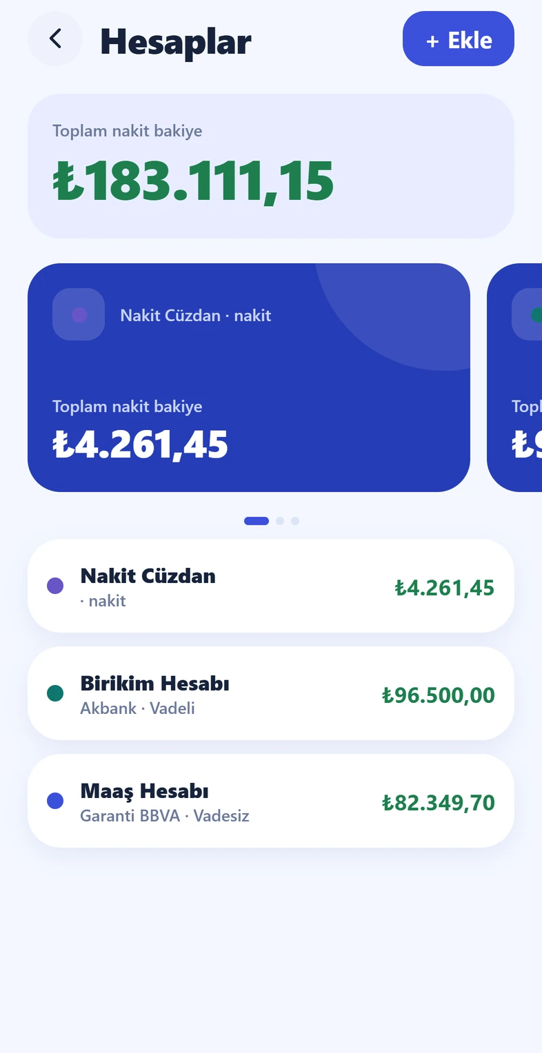 Kirpi Finans Hesaplar ekranı: toplam nakit bakiye ve hesap bazlı bakiyeler