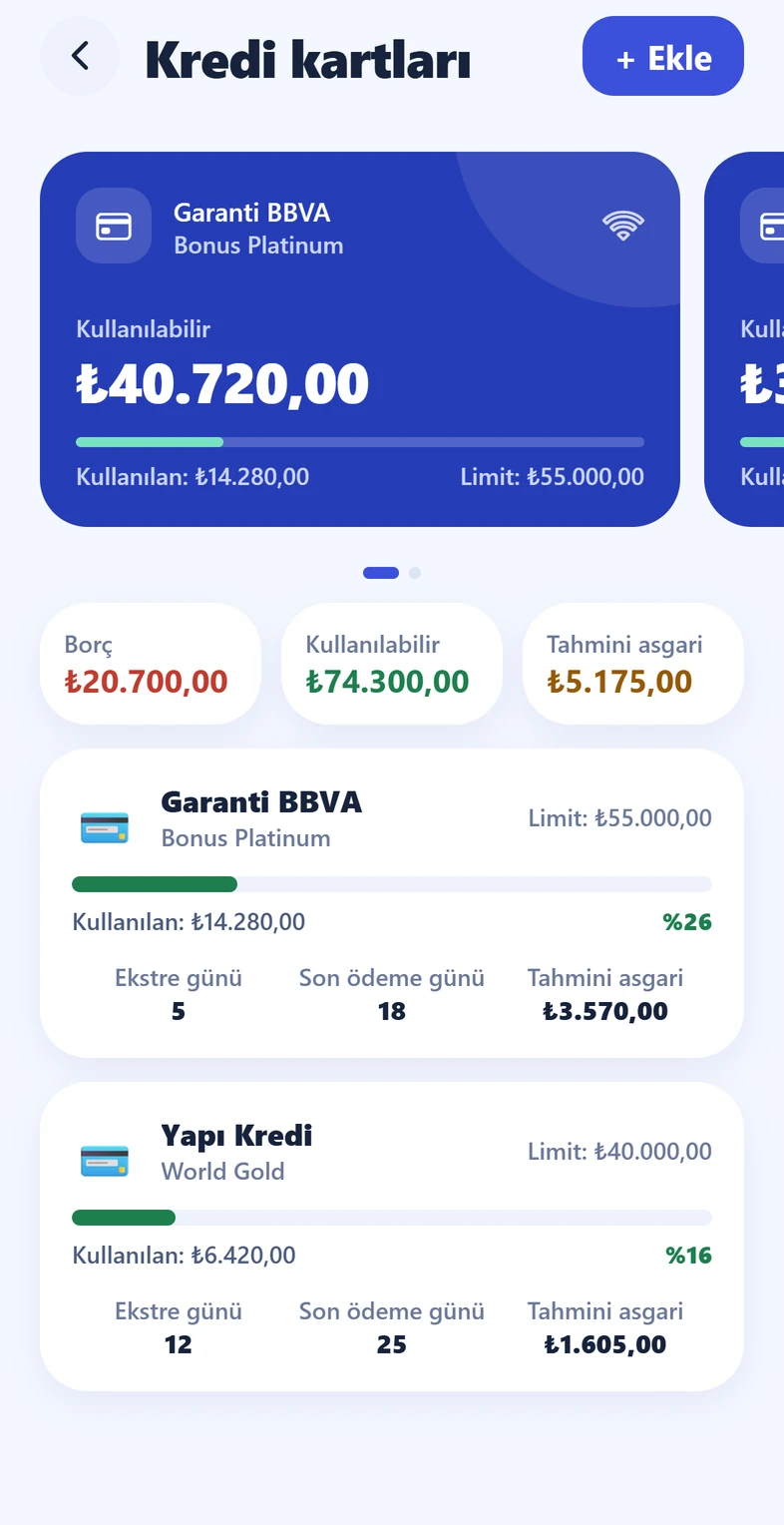 Kirpi Finans Kredi kartları ekranı: kullanılabilir limit, borç ve ekstre günleri