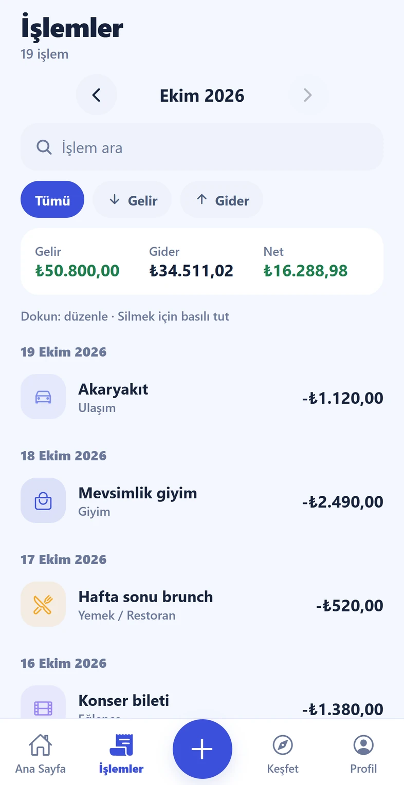 Kirpi Finans İşlemler ekranı: dönem seçimi, arama, gelir ve gider filtreleri, tarihe göre işlem listesi